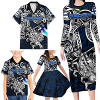 Personalized Finland Viking Blood Family Matching Long Sleeve Bodycon Dress and Hawaiian Shirt Nordic Runes and Shield of Ancestry in Tribal Knotwork