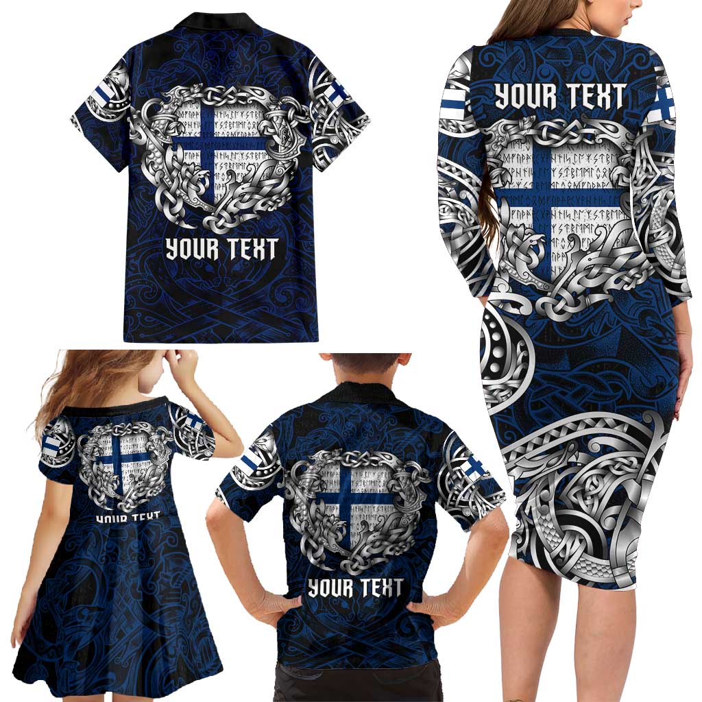 Personalized Finland Viking Blood Family Matching Long Sleeve Bodycon Dress and Hawaiian Shirt Nordic Runes and Shield of Ancestry in Tribal Knotwork
