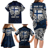 Personalized Finland Viking Blood Family Matching Long Sleeve Bodycon Dress and Hawaiian Shirt Nordic Runes and Shield of Ancestry in Tribal Knotwork