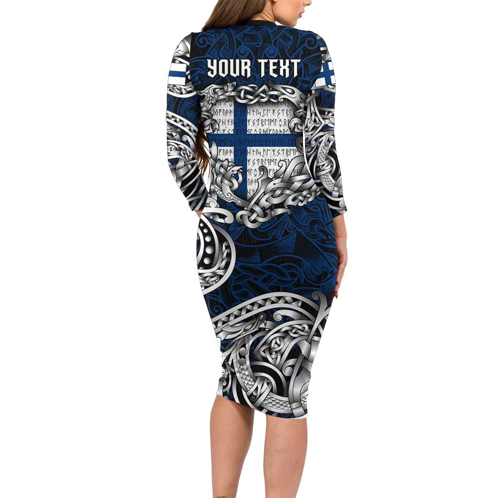 Personalized Finland Viking Blood Family Matching Long Sleeve Bodycon Dress and Hawaiian Shirt Nordic Runes and Shield of Ancestry in Tribal Knotwork