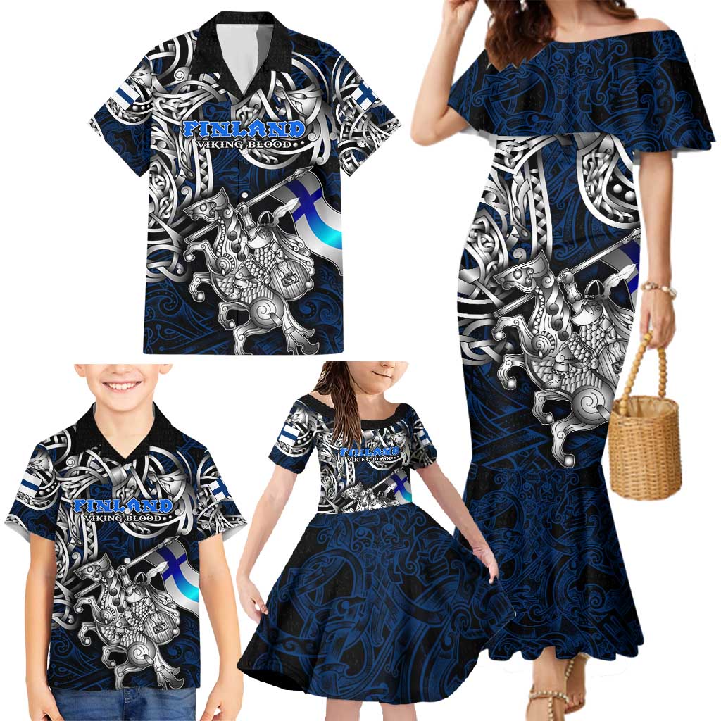 Personalized Finland Viking Blood Family Matching Mermaid Dress and Hawaiian Shirt Nordic Runes and Shield of Ancestry in Tribal Knotwork