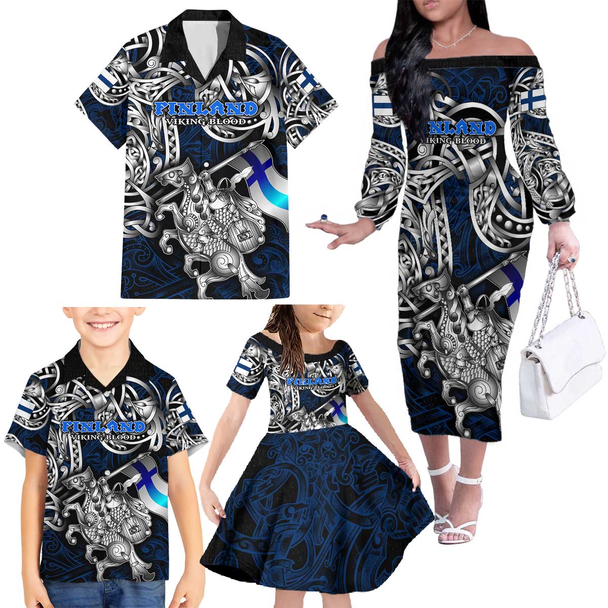 Personalized Finland Viking Blood Family Matching Off The Shoulder Long Sleeve Dress and Hawaiian Shirt Nordic Runes and Shield of Ancestry in Tribal Knotwork