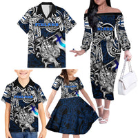 Personalized Finland Viking Blood Family Matching Off The Shoulder Long Sleeve Dress and Hawaiian Shirt Nordic Runes and Shield of Ancestry in Tribal Knotwork
