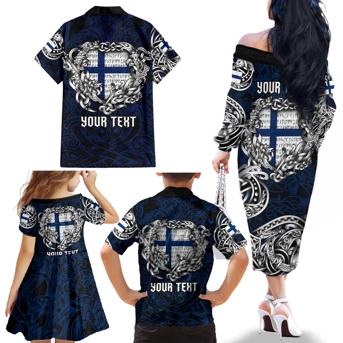 Personalized Finland Viking Blood Family Matching Off The Shoulder Long Sleeve Dress and Hawaiian Shirt Nordic Runes and Shield of Ancestry in Tribal Knotwork