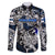 Personalized Finland Viking Blood Family Matching Off The Shoulder Long Sleeve Dress and Hawaiian Shirt Nordic Runes and Shield of Ancestry in Tribal Knotwork