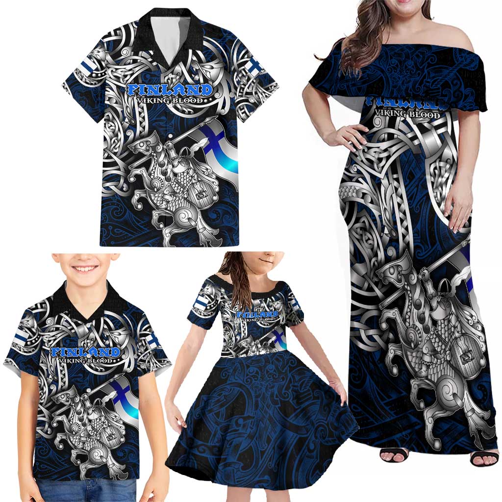 Personalized Finland Viking Blood Family Matching Off Shoulder Maxi Dress and Hawaiian Shirt Nordic Runes and Shield of Ancestry in Tribal Knotwork