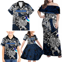 Personalized Finland Viking Blood Family Matching Off Shoulder Maxi Dress and Hawaiian Shirt Nordic Runes and Shield of Ancestry in Tribal Knotwork