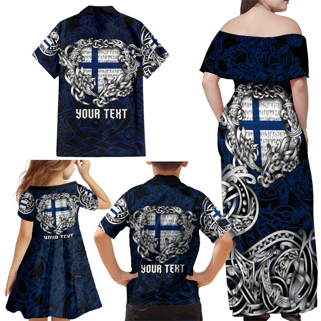 Personalized Finland Viking Blood Family Matching Off Shoulder Maxi Dress and Hawaiian Shirt Nordic Runes and Shield of Ancestry in Tribal Knotwork