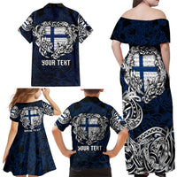Personalized Finland Viking Blood Family Matching Off Shoulder Maxi Dress and Hawaiian Shirt Nordic Runes and Shield of Ancestry in Tribal Knotwork