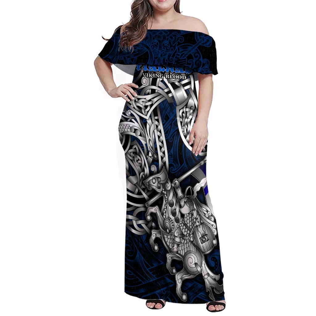 Personalized Finland Viking Blood Family Matching Off Shoulder Maxi Dress and Hawaiian Shirt Nordic Runes and Shield of Ancestry in Tribal Knotwork