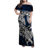 Personalized Finland Viking Blood Family Matching Off Shoulder Maxi Dress and Hawaiian Shirt Nordic Runes and Shield of Ancestry in Tribal Knotwork