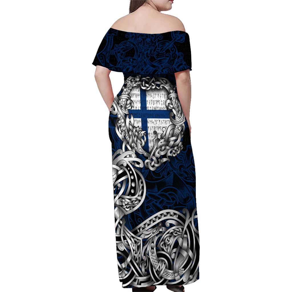 Personalized Finland Viking Blood Family Matching Off Shoulder Maxi Dress and Hawaiian Shirt Nordic Runes and Shield of Ancestry in Tribal Knotwork