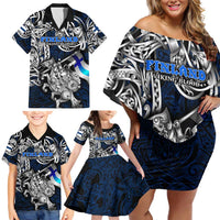 Personalized Finland Viking Blood Family Matching Off Shoulder Short Dress and Hawaiian Shirt Nordic Runes and Shield of Ancestry in Tribal Knotwork