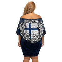 Personalized Finland Viking Blood Family Matching Off Shoulder Short Dress and Hawaiian Shirt Nordic Runes and Shield of Ancestry in Tribal Knotwork