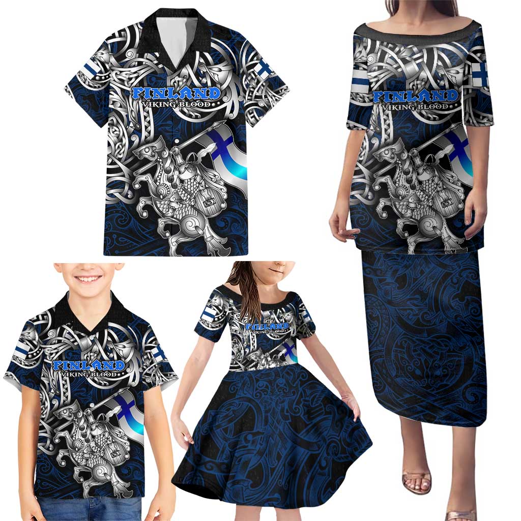 Personalized Finland Viking Blood Family Matching Puletasi and Hawaiian Shirt Nordic Runes and Shield of Ancestry in Tribal Knotwork