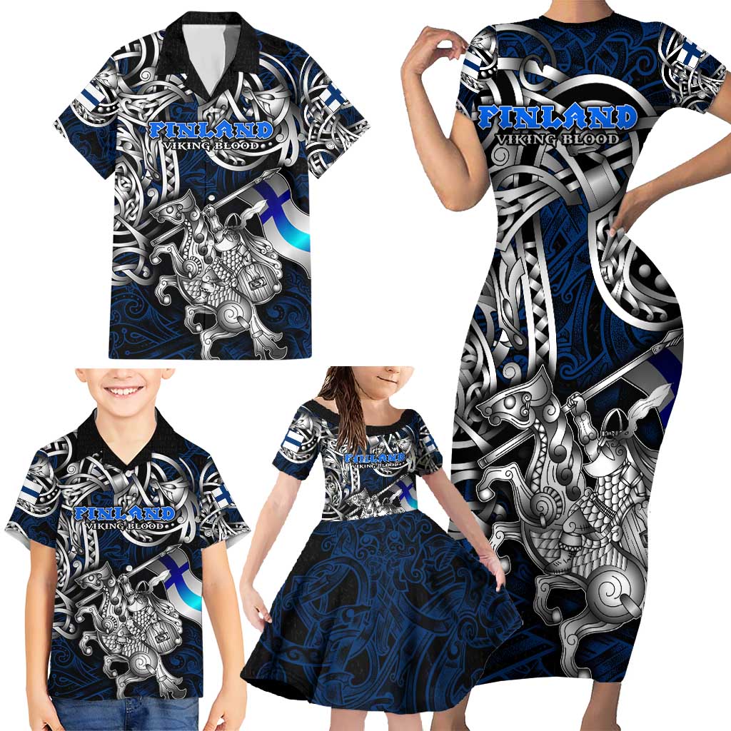 Personalized Finland Viking Blood Family Matching Short Sleeve Bodycon Dress and Hawaiian Shirt Nordic Runes and Shield of Ancestry in Tribal Knotwork