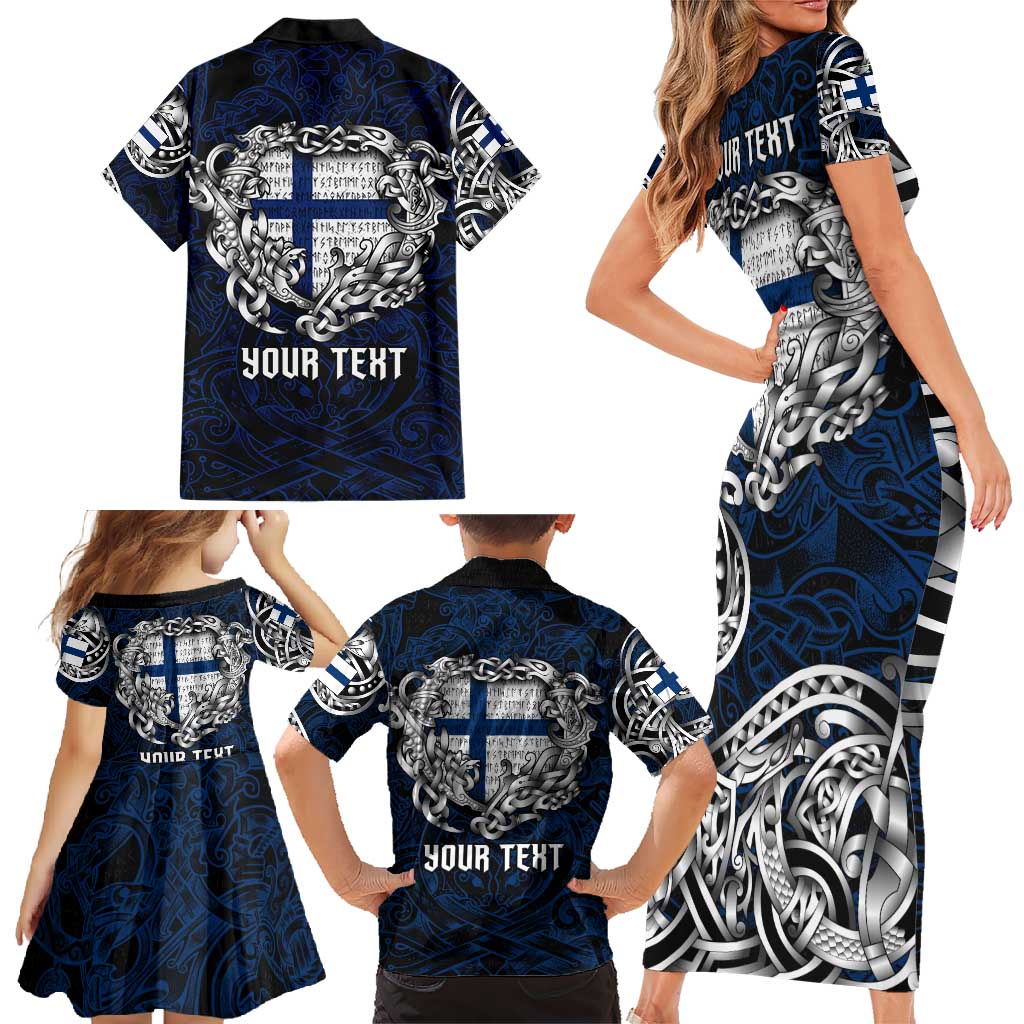 Personalized Finland Viking Blood Family Matching Short Sleeve Bodycon Dress and Hawaiian Shirt Nordic Runes and Shield of Ancestry in Tribal Knotwork