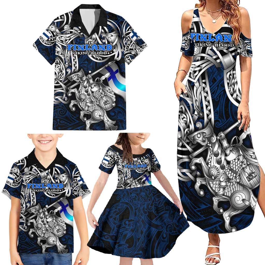 Personalized Finland Viking Blood Family Matching Summer Maxi Dress and Hawaiian Shirt Nordic Runes and Shield of Ancestry in Tribal Knotwork