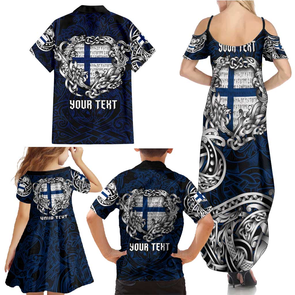 Personalized Finland Viking Blood Family Matching Summer Maxi Dress and Hawaiian Shirt Nordic Runes and Shield of Ancestry in Tribal Knotwork