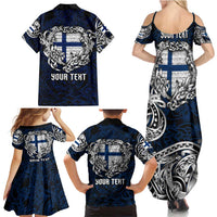 Personalized Finland Viking Blood Family Matching Summer Maxi Dress and Hawaiian Shirt Nordic Runes and Shield of Ancestry in Tribal Knotwork