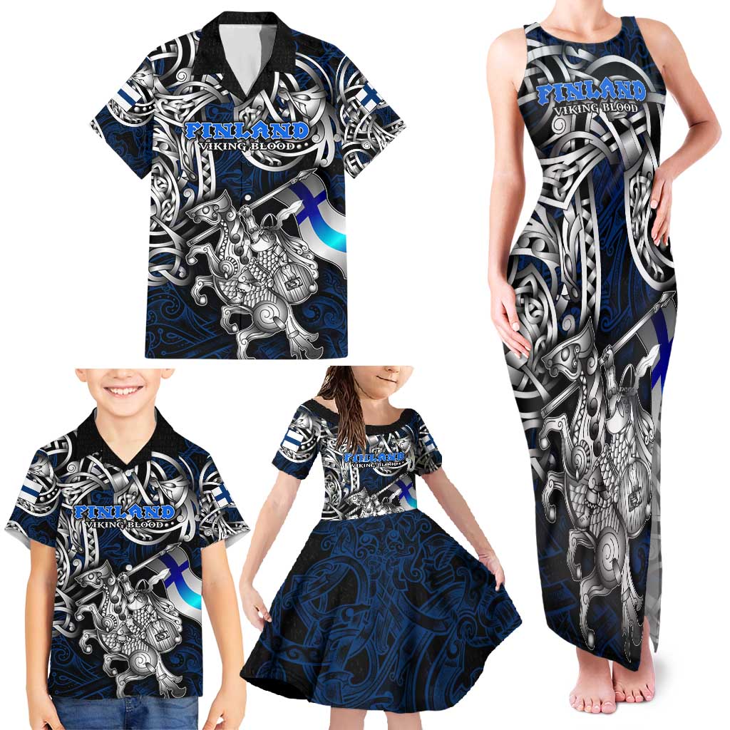 Personalized Finland Viking Blood Family Matching Tank Maxi Dress and Hawaiian Shirt Nordic Runes and Shield of Ancestry in Tribal Knotwork