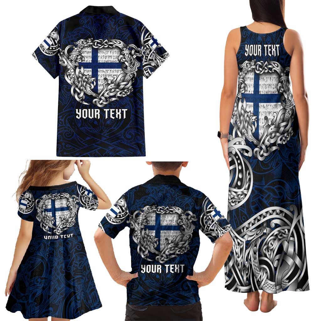 Personalized Finland Viking Blood Family Matching Tank Maxi Dress and Hawaiian Shirt Nordic Runes and Shield of Ancestry in Tribal Knotwork
