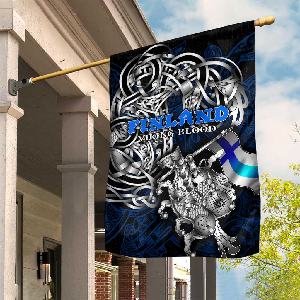 Finland Viking Blood Garden Flag Nordic Runes and Shield of Ancestry in Tribal Knotwork