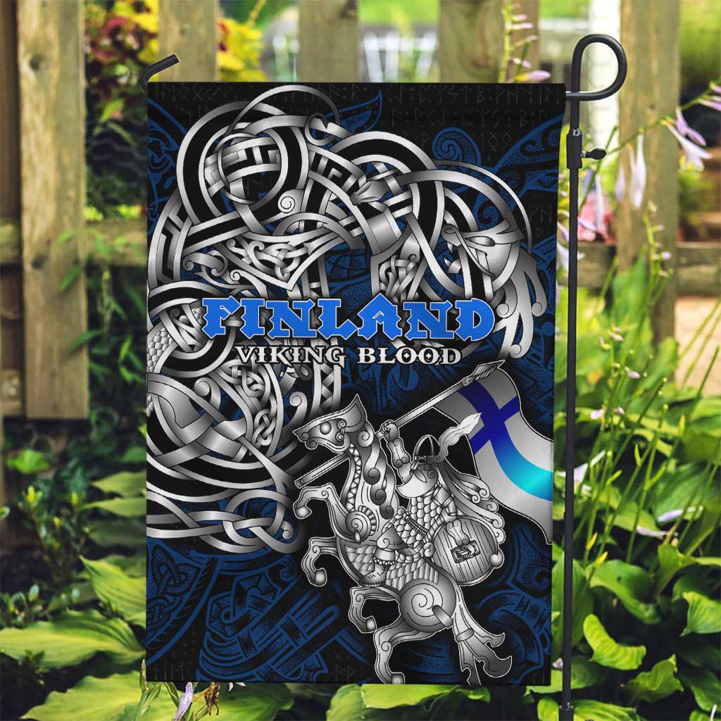 Finland Viking Blood Garden Flag Nordic Runes and Shield of Ancestry in Tribal Knotwork