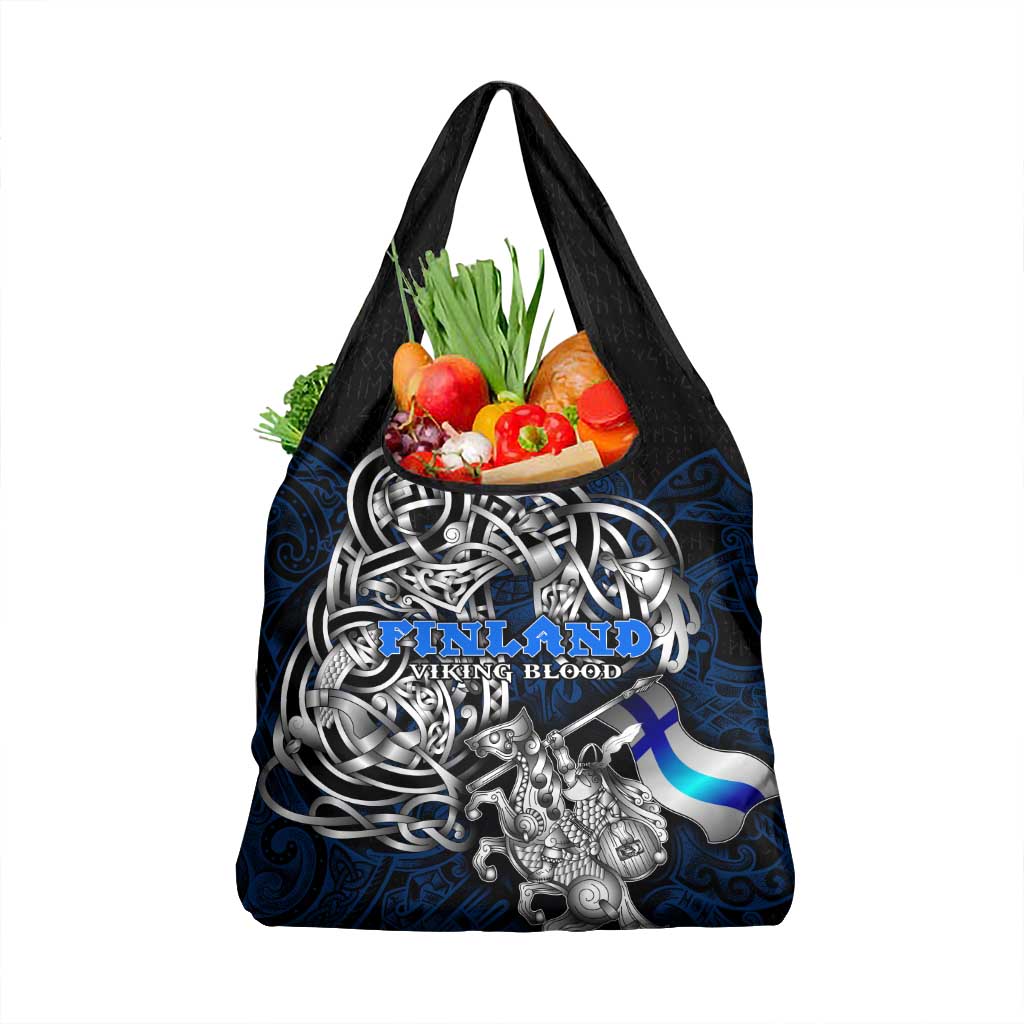 Finland Viking Blood Grocery Bag Nordic Runes and Shield of Ancestry in Tribal Knotwork