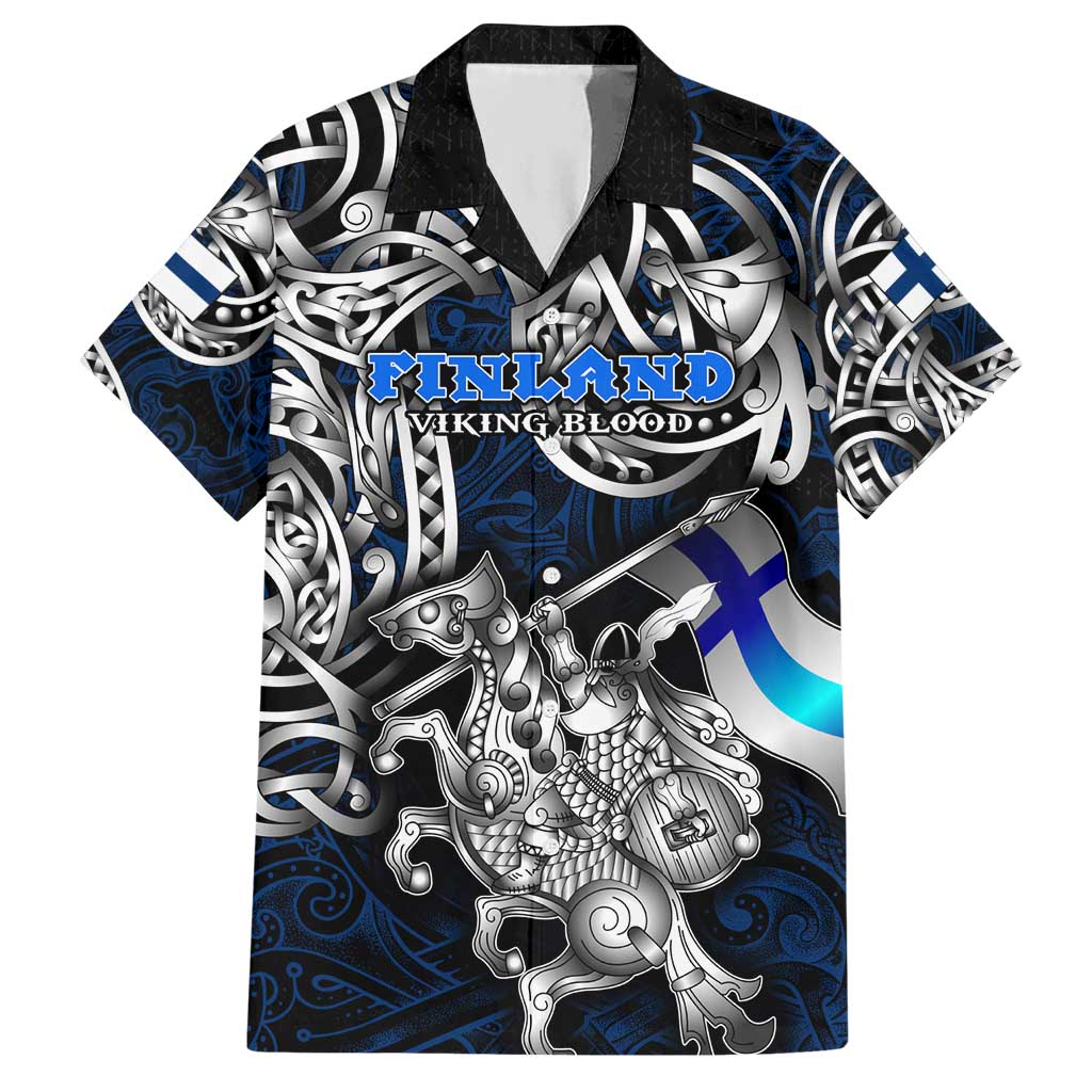 Personalized Finland Viking Blood Hawaiian Shirt Nordic Runes and Shield of Ancestry in Tribal Knotwork