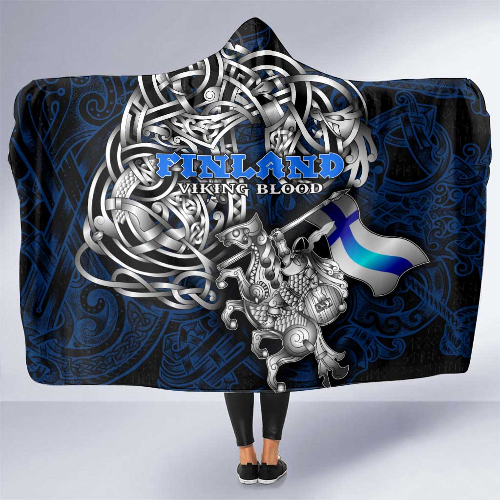 Finland Viking Blood Hooded Blanket Nordic Runes and Shield of Ancestry in Tribal Knotwork