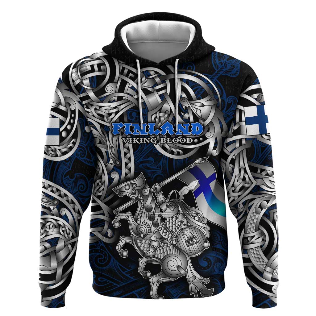 Personalized Finland Viking Blood Hoodie Nordic Runes and Shield of Ancestry in Tribal Knotwork