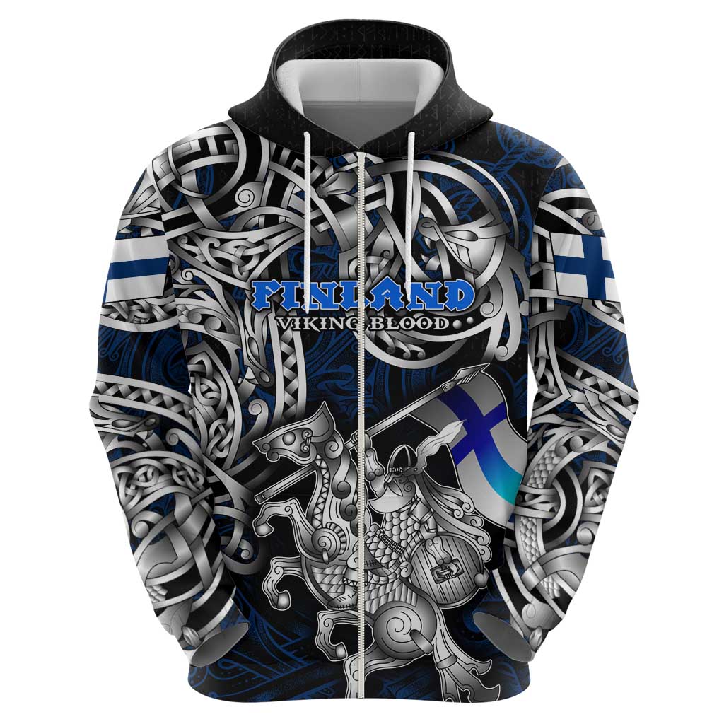 Personalized Finland Viking Blood Hoodie Nordic Runes and Shield of Ancestry in Tribal Knotwork