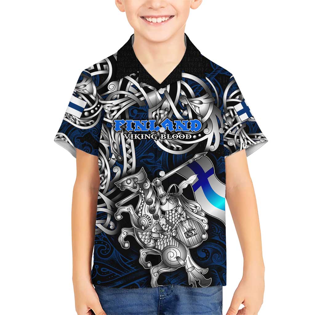 Personalized Finland Viking Blood Kid Hawaiian Shirt Nordic Runes and Shield of Ancestry in Tribal Knotwork