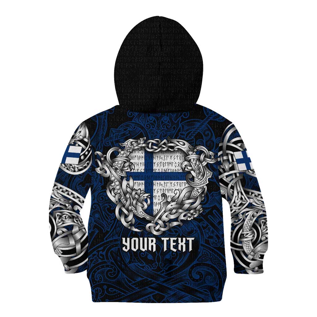 Personalized Finland Viking Blood Kid Hoodie Nordic Runes and Shield of Ancestry in Tribal Knotwork