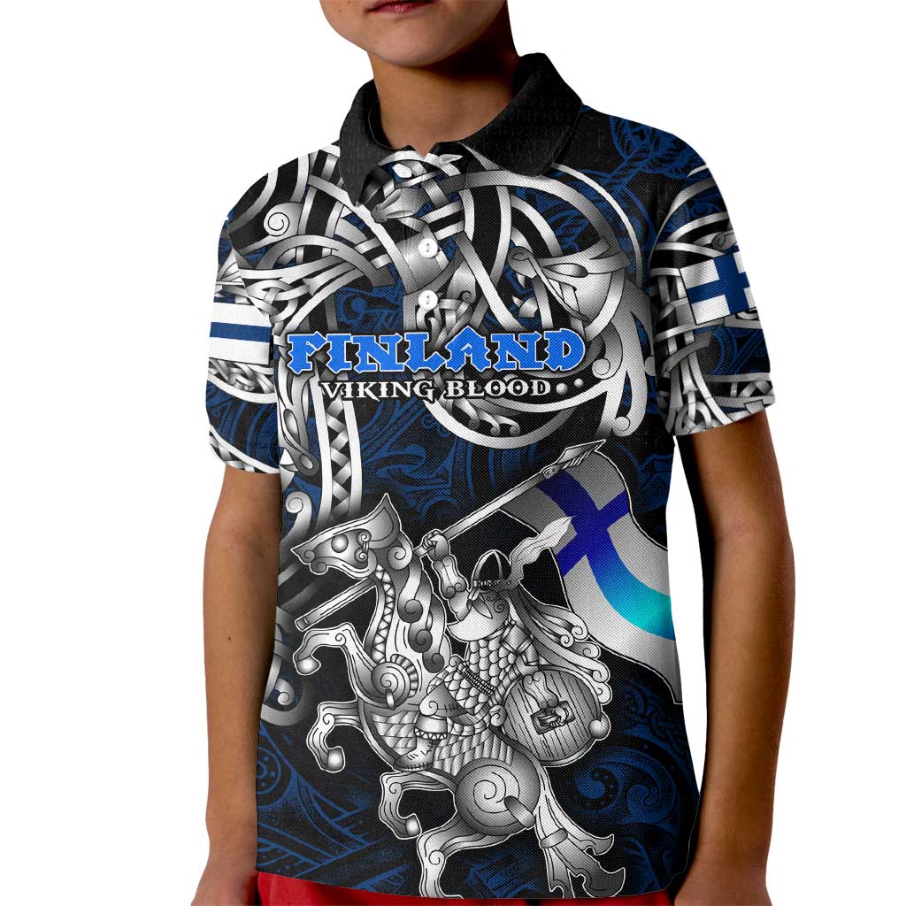 Personalized Finland Viking Blood Kid Polo Shirt Nordic Runes and Shield of Ancestry in Tribal Knotwork