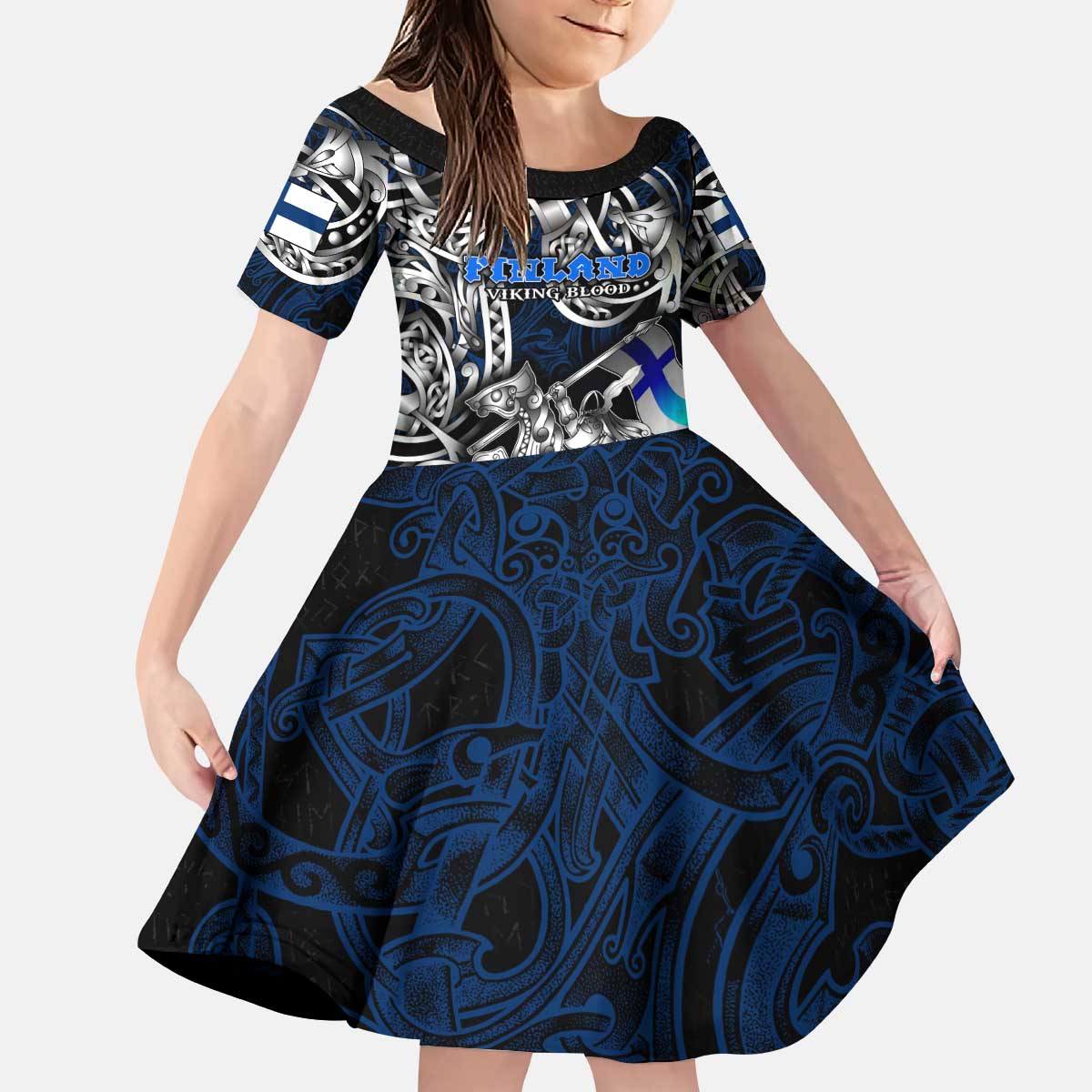 Personalized Finland Viking Blood Kid Short Sleeve Dress Nordic Runes and Shield of Ancestry in Tribal Knotwork