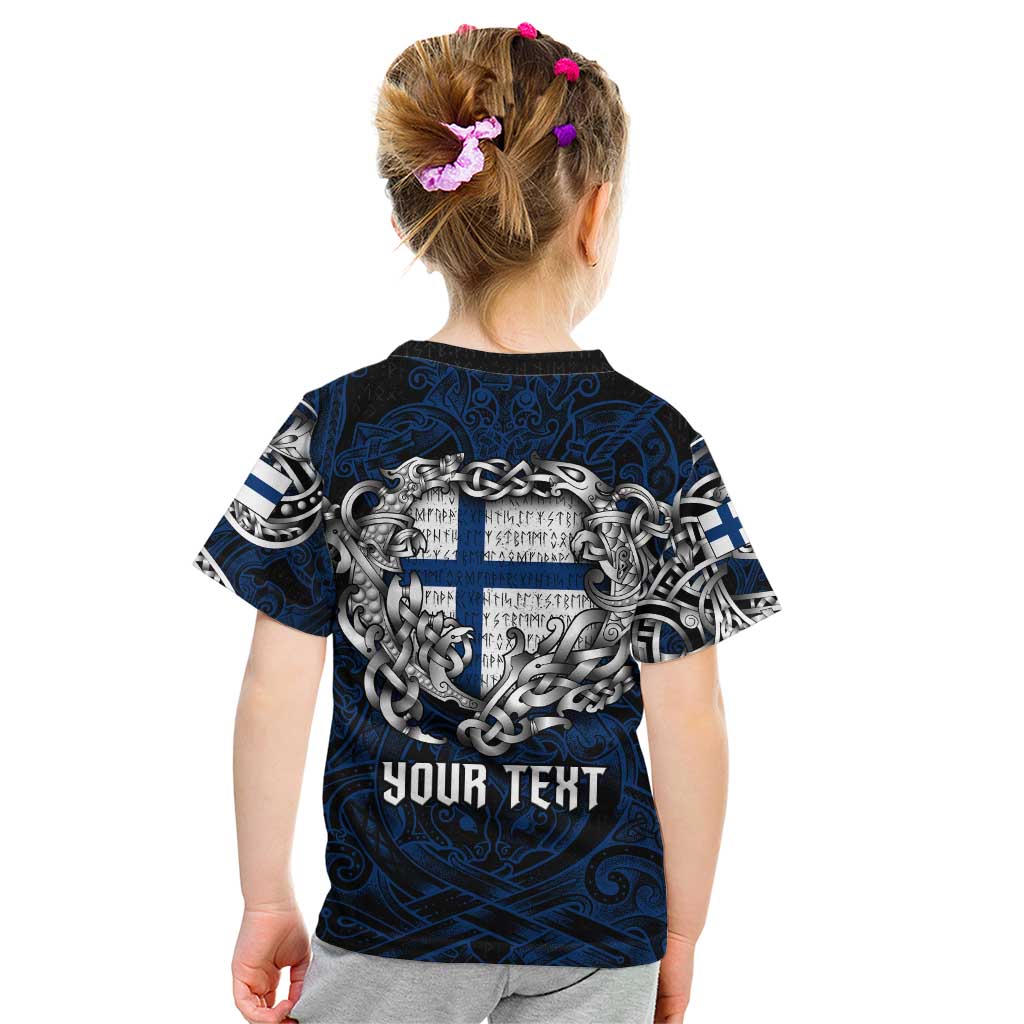 Personalized Finland Viking Blood Kid T Shirt Nordic Runes and Shield of Ancestry in Tribal Knotwork