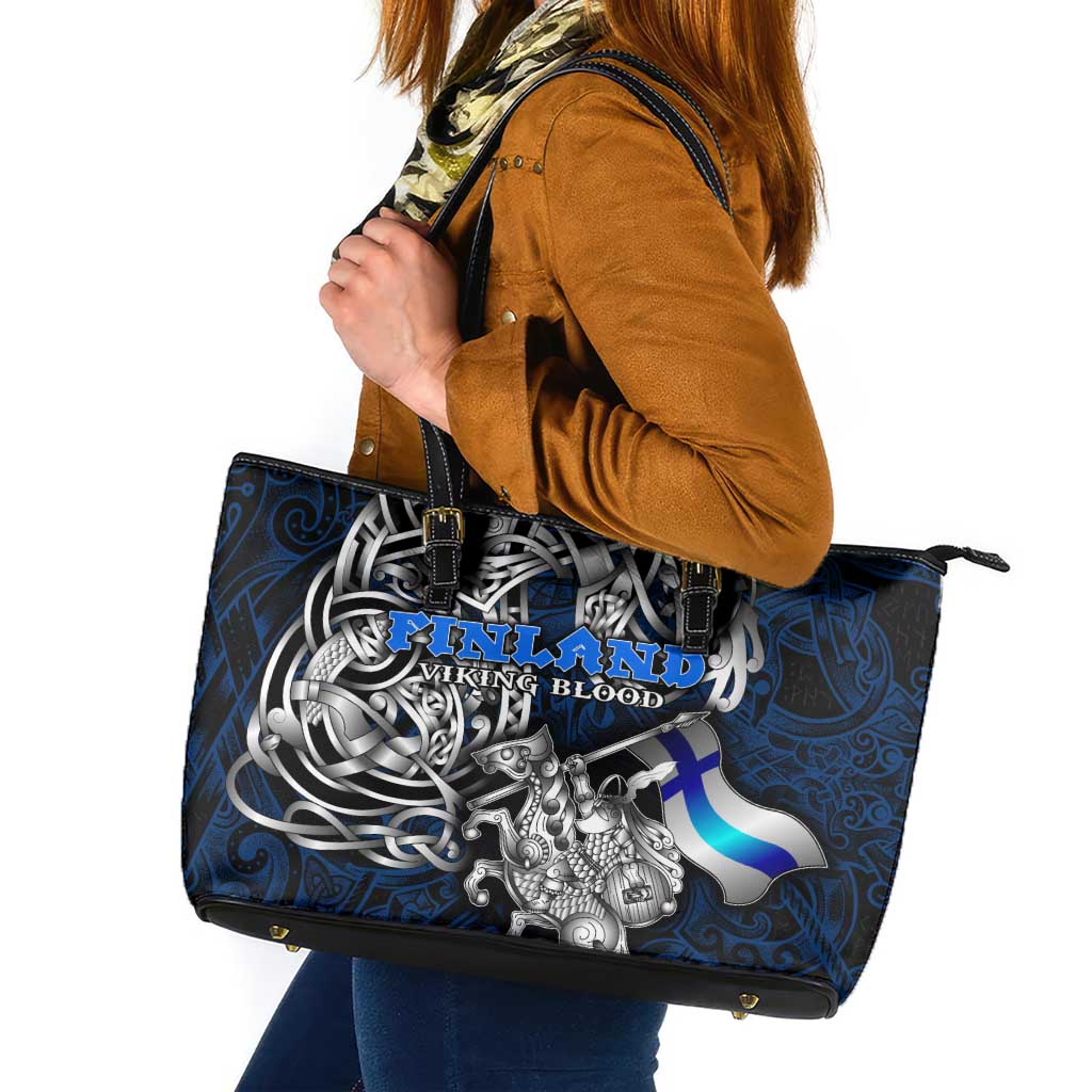 Finland Viking Blood Leather Tote Bag Nordic Runes and Shield of Ancestry in Tribal Knotwork