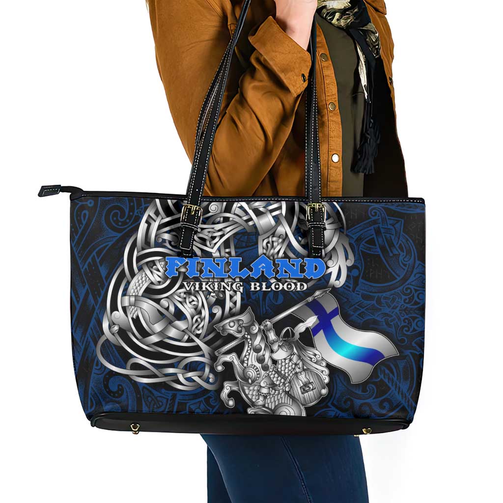 Finland Viking Blood Leather Tote Bag Nordic Runes and Shield of Ancestry in Tribal Knotwork
