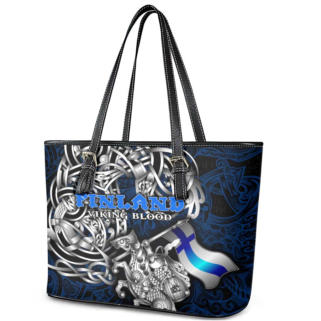 Finland Viking Blood Leather Tote Bag Nordic Runes and Shield of Ancestry in Tribal Knotwork