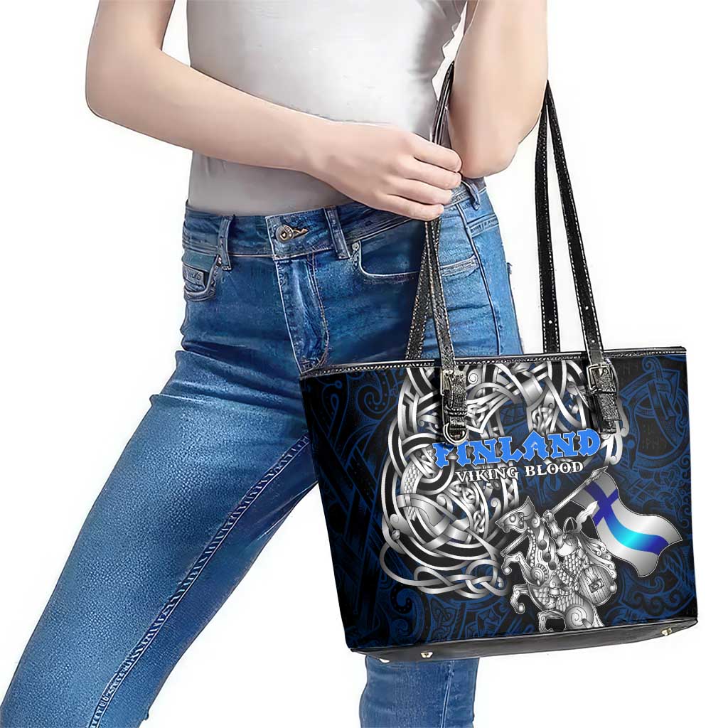 Finland Viking Blood Leather Tote Bag Nordic Runes and Shield of Ancestry in Tribal Knotwork
