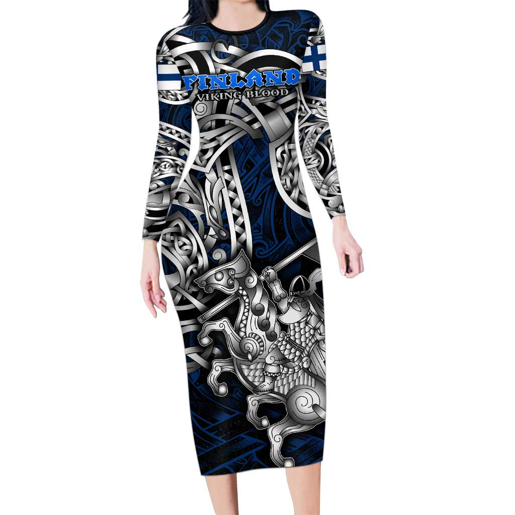 Personalized Finland Viking Blood Long Sleeve Bodycon Dress Nordic Runes and Shield of Ancestry in Tribal Knotwork