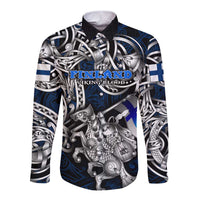 Personalized Finland Viking Blood Long Sleeve Button Shirt Nordic Runes and Shield of Ancestry in Tribal Knotwork