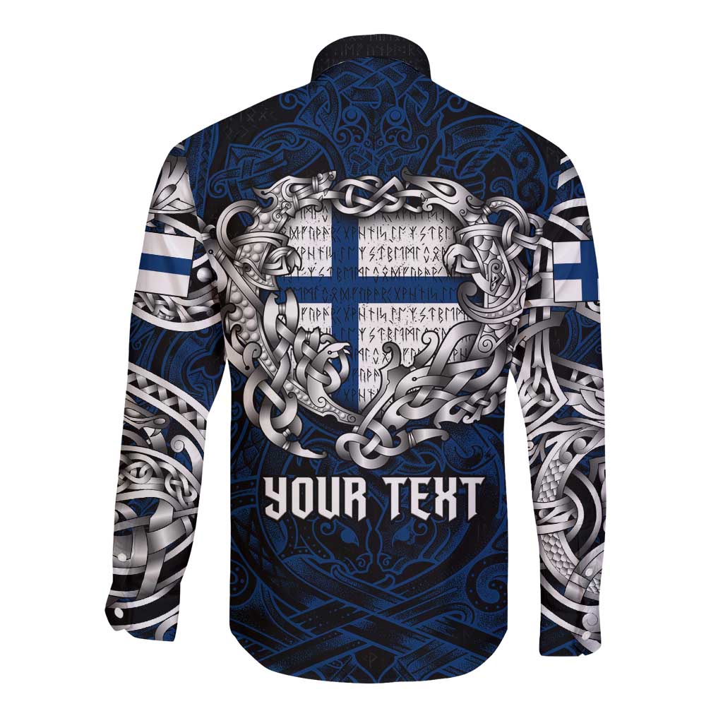 Personalized Finland Viking Blood Long Sleeve Button Shirt Nordic Runes and Shield of Ancestry in Tribal Knotwork