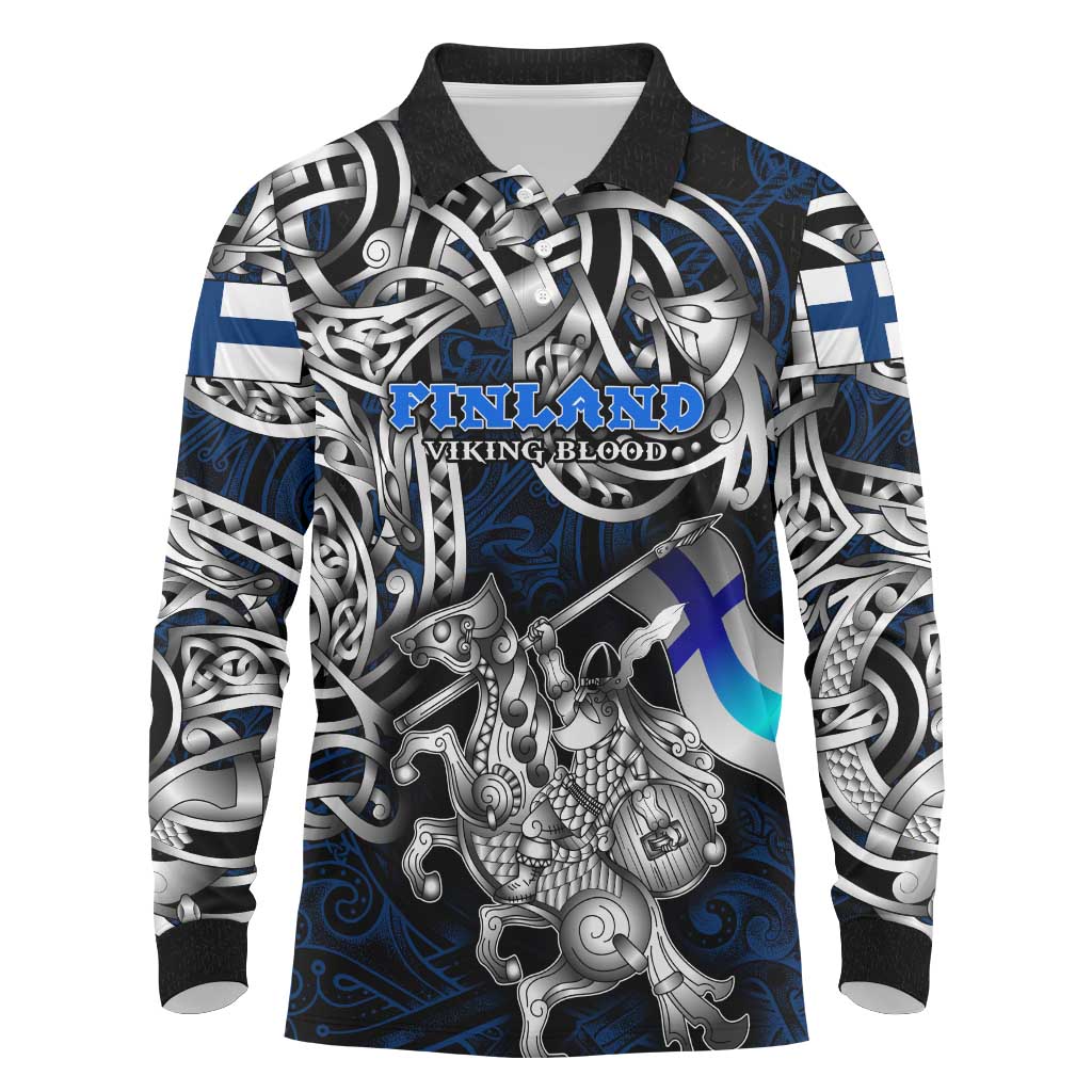 Personalized Finland Viking Blood Long Sleeve Polo Shirt Nordic Runes and Shield of Ancestry in Tribal Knotwork