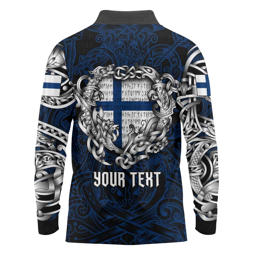 Personalized Finland Viking Blood Long Sleeve Polo Shirt Nordic Runes and Shield of Ancestry in Tribal Knotwork