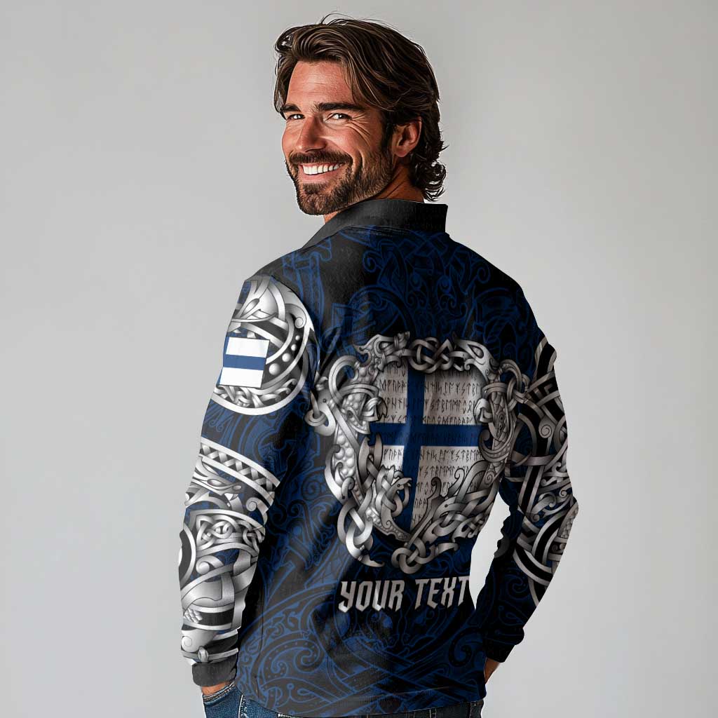 Personalized Finland Viking Blood Long Sleeve Polo Shirt Nordic Runes and Shield of Ancestry in Tribal Knotwork