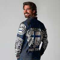 Personalized Finland Viking Blood Long Sleeve Polo Shirt Nordic Runes and Shield of Ancestry in Tribal Knotwork