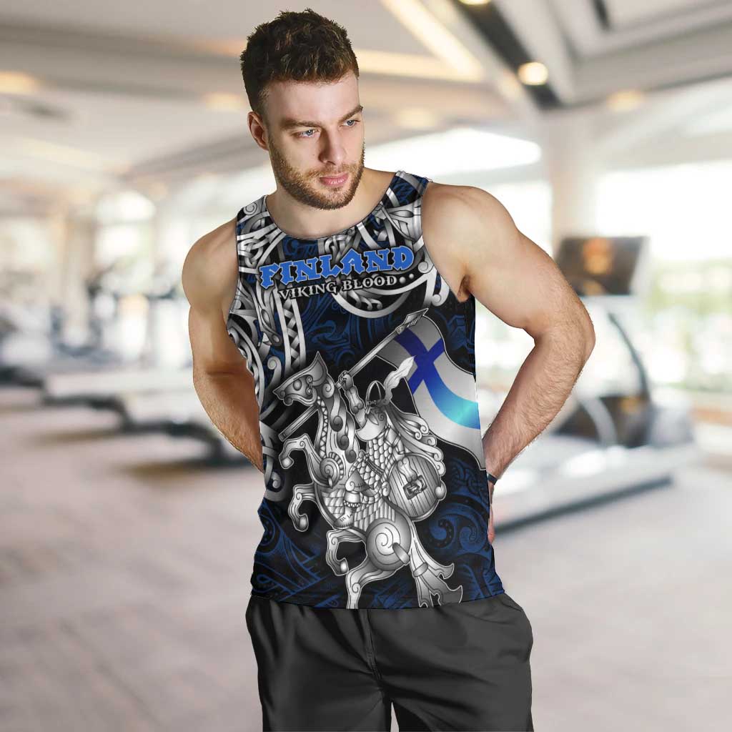 Personalized Finland Viking Blood Men Tank Top Nordic Runes and Shield of Ancestry in Tribal Knotwork
